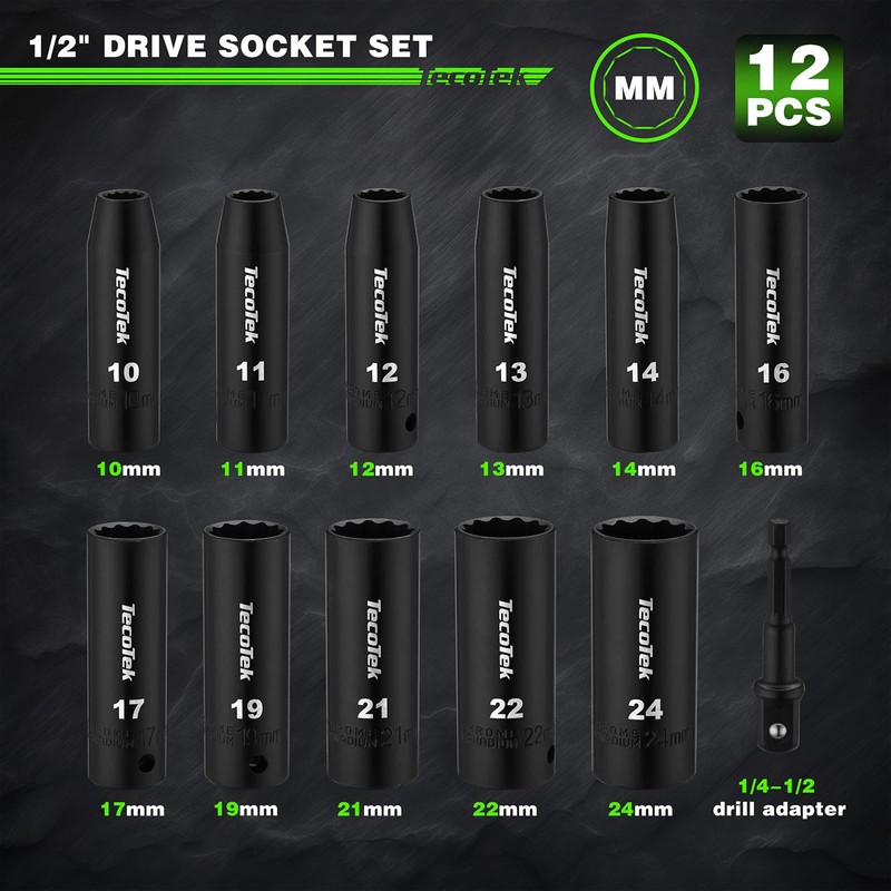TecoTek 12 Pieces 1/2-Inch Drive Deep 12-Point Metric Impact Socket
