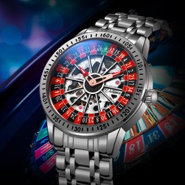 Men's Watch Automatic Hollow Mechanical Roulette Wheel Design 30M Waterproof Casual Fashion Wristwatches for Men (Steel Silver)