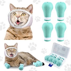 Hillban Cat Muzzle for Grooming with 4 Silicone Boots Breathable Transparent Face Guard Silicone Cat Claw Covers Anti Scratch Booties to Prevent Scratching Biting Bathing Trimming(Small)