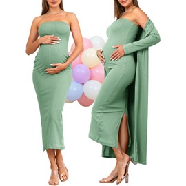 Rnxrbb 2 Piece Maternity Dress Cardigan Baby Shower Wedding Guest Summer Maxi Photoshoot Tube Maternity Dresses Bodycon Long,Grayish Green-Petite L