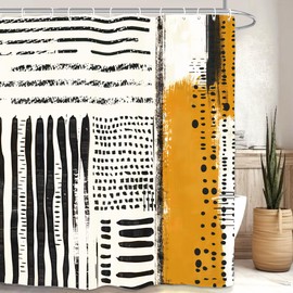 Yookeb Abstract Minimalist Modern Bathroom Shower Curtain 60W by 71H Inch Mustard Yellow Black Neutral Contemporaty Aesthetic Striped Polyester 12 Plastic Hooks Waterproof Decor