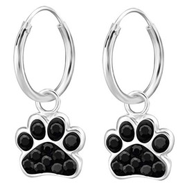 JAYARE Girls' Creole Earrings Dog Paws 925 Sterling Silver Glitter Dog Paw Children's Earrings Children Cats Girls Earrings, Sterling Silver, Crystal
