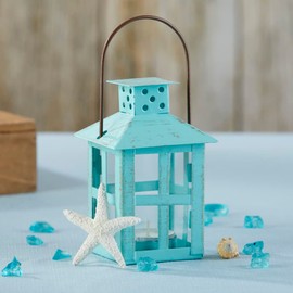 Kate Aspen 7.5 Inch Vintage Blue Distressed Rustic Candle Holder Decorative Lanterns (Set of 2), Wedding Decoration, Centerpiece, Home Shelf Decor