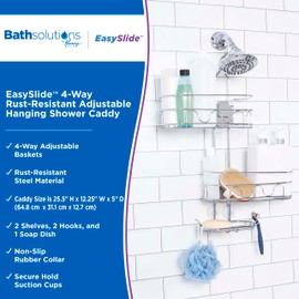 Kenney KN614124 Easy Slide 4-Way Adjustable Shower Caddy, 25.5" L x 12.25" W x 5" D Rust-Resistant Configurable Metal 2-Shelf Hanging Caddy with Soap Dish, Suction Cups and Razor Holders, Chrome