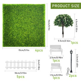TOPJOWGA Artificial Grass Miniature Garden, Pack of 14 Miniature Garden Decoration, Miniature Dollhouse Garden Furniture, Park Bench, Street Light Tree, Micro Landscape Miniature Ornament, Garden