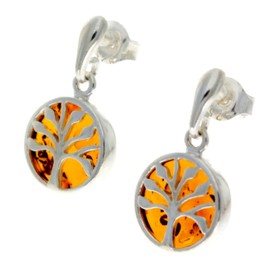 SilverAmber Jewellery - Classic Genuine Cognac Baltic Amber 925 Sterling Silver Modern Drop Tree of Life Designer Earrings GL1004C