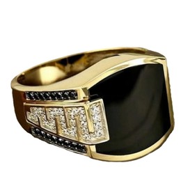 Ganquya Sparkling 18K Gold Plated Vintage Square Black Agate Signet Glossy Rings Simulated Diamond Hip Hop Ring Fashion Cuban Link Chain Promise Ring for Men (7)