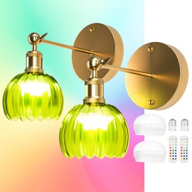 2 Pack Vintage Battery Operated Wall Sconce with Green Tulip Glass Lampshade, 4000mAh Battery, Lossless Installation Battery Powered Wall Light with Remote Control for Bedside Bedroom
