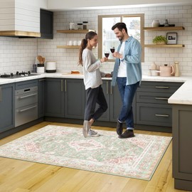 Vhong Washable Area Rugs Boho Vintage Modern Neutral Small Carpet Green and Pink High Traffic Rugs 4×6 for Dinning Room Living Room Bedroom Farmhouse Non Slip