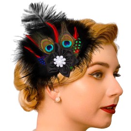 Yokawe Peacock Feather Hair Clip 1920s Flapper Fascinator Gatsby Headpiece for Women (Black)