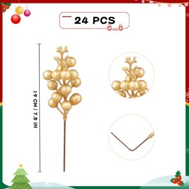 24 Pack Glitter Gold Berry Stems,7.5 Inch Christmas Sparking Gold Faux Winter Berry Sprigs,Artificial Gold Berries Branches for Christmas Tree Garland Wreath Crafts Season Winter Home Decor