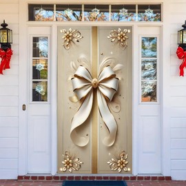 Tomhong Elegant Bow Door Cover 71x35 Inch Luxury Gift Banner with Gold Floral Accents and White Ribbon Design for Front Door Indoor Outdoor Holiday Party Decor