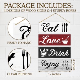 4 Pcs Kitchen Wall Decor Sign, Dining Room Wall Art Decor Gift, Eat Drink Enjoy Love Wooden Hanging Plaque Sign For Farmhouse Home Kitchen Dining Room Coffee Bar Cafe Restaurant -22