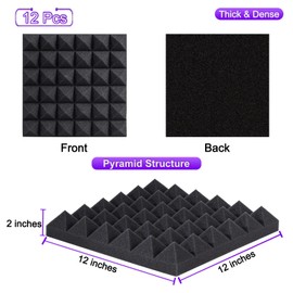 TroyStudio Thick Acoustic Foam Panels, 12 X 12 X 2 Inches 12 Pcs Pyramid Sound Absorbing Foam, Dense Soundproof Padding Tile, Recording Studio Foam Absorber, Decorative 3D Wall Ceiling Panel