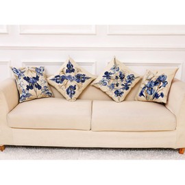 BCKAKQA Decorative Throw Pillow Covers Set of 4 Navy Blue Flower Cushion Covers 45 x 45 cm Boho Linen Square Throw Pillow Cases 18 x 18 Inch for Living Room Bedroom Sofa Couch Bed Pillowcases