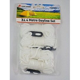 ESW LEISURE Guyline Ropes 4 Pack Tents Awning Camping Strong Lightweight Paracord Guy Rope With Tensioner Guy Lines Fishing Umbrella Shelter Bivvy Caravan Gazebo Tarp (White, 4 Metre XL 4 Pack)