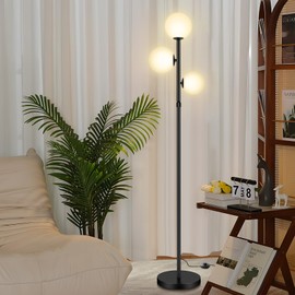 67" Mid Century Floor Lamps for Living Room, 3 Globe Floor Lamp with Frosted Glass Shades, Adjustable Height Standing Lamp with Foot Switch, Tall Lamps for Bedroom Office, G9 Bulbs Included, Black
