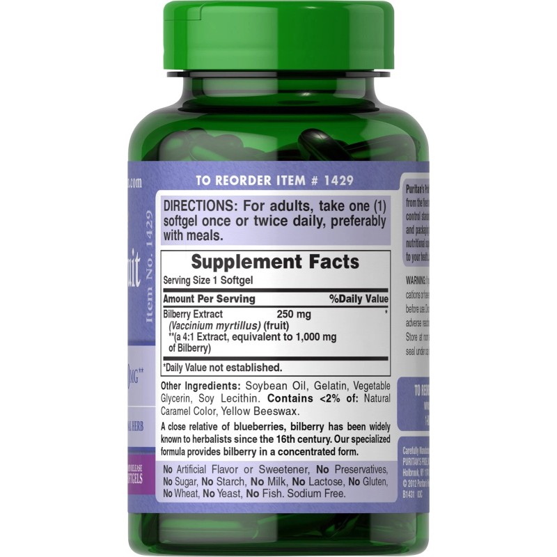 Puritan's Pride Bilberry Supplement 180 Count 1000mg Antioxidant Gluten Free