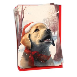 NobleWorks 12 Christmas Greeting Cards Box Set with 5 x 7 Inch Envelopes (1 Design, 12 Each) Santa Hat Puppies - Snow C10188CXSG-B12x1