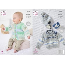 King Cole Baby Aran Knitting Pattern Raglan Sleeve Sweater Jacket & Hat (6050)