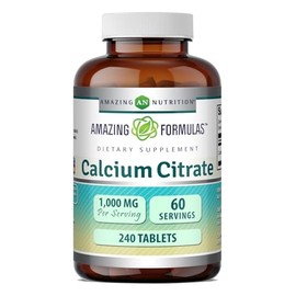 Amazing Formulas Suplemento dietético de citrato de calcio, 1000 mg por porción de 4 comprimidos, 240 tabletas por botella, calcio altamente biodisponible, apoya el metabolismo óseo y los dientes más fuertes