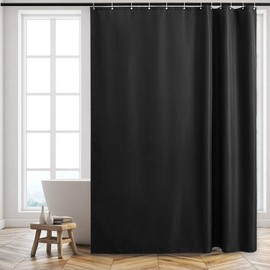 Furlinic Extra Long Shower Curtains 240cm drop for Bathroom Waterproof Mould Resistant Washable Weighted Polyester Fabric Black Sets With 12 Plastic Hooks 71 x 94.