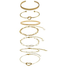 JINGSEN Gold Bracelet for Women,14K Gold Plated Jewelry Heart shapeSet,Fashion Thin Delicate Stackable Cuban Chain Paperclip Chain Bracelet Set,Fashion Accessories,Gifts for Women(Heart shape)