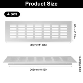 4 Pieces Silver Aluminum Alloy Kitchen Air Vent Grille Cover, 300x80 mm Cupboard Vents with Screws, Kitchen Plinth Vent, Radiator Grill, Ventilation Grille for Wardrobe, Shoe Cabinet, Bathroom Kitchen