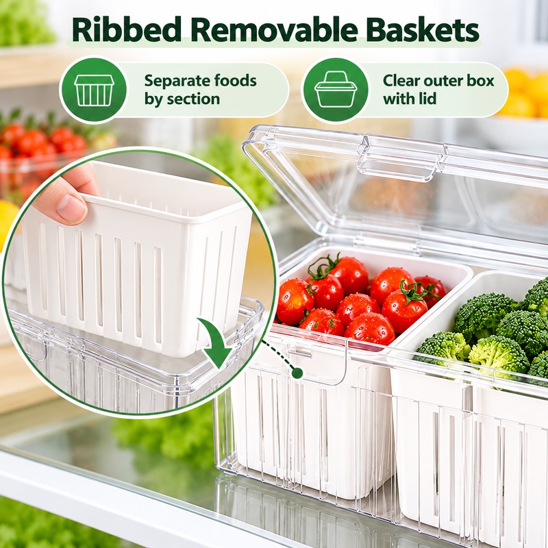 Refrigerator Food Storage Container with 3 Removable Baskets and Lid