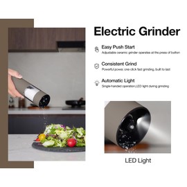 Stainless Steel Rechargeable Electric Salt and Pepper Grinder Set, USB Charging with Dust Cover, 6 Adjustable Grinding Modes + LED Light 2pack，Brown