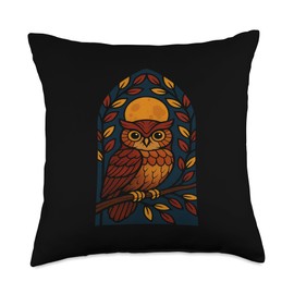 Wise Owl Perched in Stained Glass with Autumn Leaves Throw Pillow