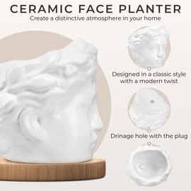DOMIVKA Head Planter Ceramic Face Planter Pots for Plants Succulent Planters Unique Planters for Indoor Plants Plant Gifts Great for Succulents Fun Planters Cute Plant Pots with Drainage (White)