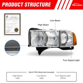 ADCARLIGHTS Headlights Assembly Compatible with 1994-2001 Dodge Ram 1500/Ram 94-02 2500 3500 Headlamp(Not fit Sport Models) Chrome Housing Amber Reflector Replacement Left and Right Pairs