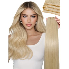 LADY MIRANDA Double Invisible Weft Hair Extensions Real Human Hair 18 Inch 100% Remy Hair Seamless Genius Twin Tab Weft Hair Extensions Human Hair Reusable & Strong, Healthy (Blonde)