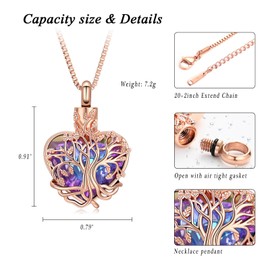 XSMZB Tree of Life Urn Necklace for Women Crystal Heart Cremation Jewelry for Ashes Keepsake Ashes Pendant for Human Pet(Rose Gold Purple)