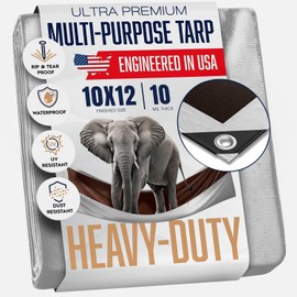10x12 Heavy Duty Tarp, 10 Mil Thick, Waterproof, Tear & Fade Resistant, High Durability, UV Treated, Grommets Every 18 Inches. (Silver/Brown - Reversible) (10 x 12 Feet)
