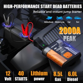 SIBONYU Portable Car Jump Starter with Air Compressor, 150PSI 2000A 6-IN-1 Car Battery Jump Starter (8.5 Gas/6.0L Diesel) Tire Inflator,12V Jump Box Car Battery Pack Jumper Starter,Large Display,Light