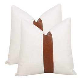cygnus Set of 2 White Linen Patchwork Faux leather Throw Pillow Covers for Couch Living Room Bedroom, Modern Accent Decor Square Covers 22x22 inch, Brown and White
