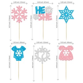 24 piezas de copos de nieve para revelar el género de los cupcakes, decoraciones de copos de nieve rosa y azul con purpurina para decoración de cupcakes de invierno para revelar el género del invierno, baby shower, suministros de fiesta de cumpleaños par