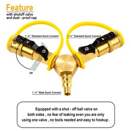 DOZYANT 1/4" RV Propane Quick Connect Y Splitter Adapter with Shutoff Valve for RV Trailer and Quick Connect Propane Hose Connect to Motorhome Tabletop Grill, 2 Way 1/4 inch Quick Disconnect Kit