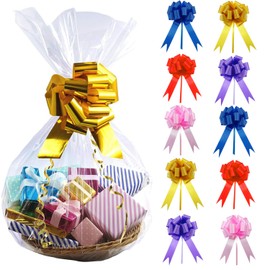 HANDMD 10 PCS Large Cellophane Bags, 30x 40 Inches Clear Cello Bags, with 10PCS Floral Ribbons, Large Basket Bag, Plastic Cellophane Gift Bag, Perfect for Gift Baskets