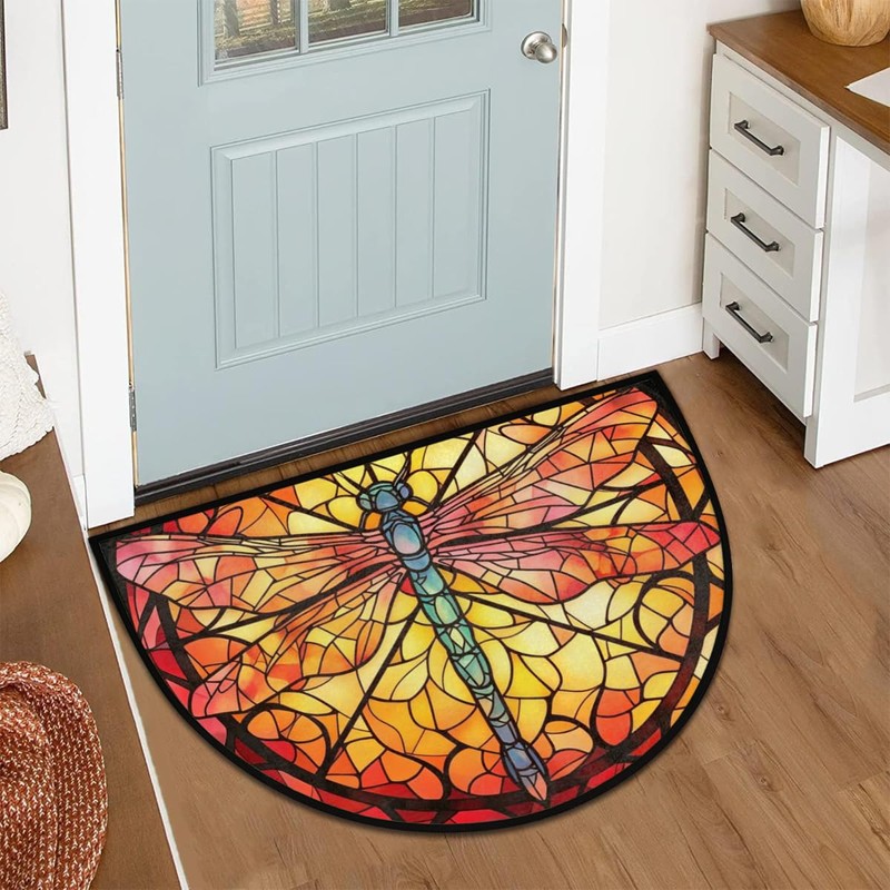 Half Round Door Mat,24" x 36",Stained Glass Dragonfly Welcome Entrance