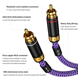 Veimeitk 2 RCA to 2 RCA Audio Cable Heavy Duty 24K Gold-Plated Pure Copper Shell Oxygen-Free Copper for Home Theater HDTV Amplifiers Hi-Fi Systems Speakers - Purple Top Series (2.5FT/0.75m)