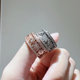 PAVEI 14K Gold Plated Solid 925 Sterling Silver CZ Simulated Diamond Stackable Ring Eternity Bands for Women Gear rotatable Wedding Engagement Diamond Ring(Rose-US Code-7)