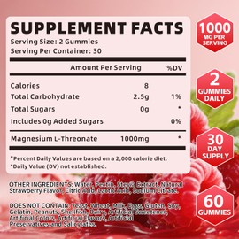 Magnesium L-Threonate Gummies 1000mg, Sugar-Free Magnesium Threonate Supplement for Kids & Adults, for Muscle & Nervous System Support, Raspberry Flavor, 120 Count