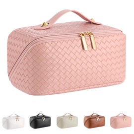 ALEXTINA Large Capacity Travel Cosmetic Bag - PU Leather Makeup Organizer Bag Portable Woven Makeup Bags for Women Waterproof Travel Toiletry Bag with Divider Pouch, Pink