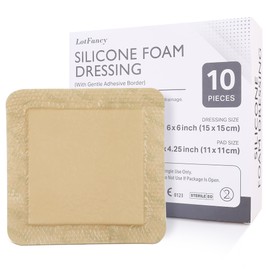 LotFancy Silicone Foam Dressing, 6"x 6" (4.3" x 4.3" Pad), 10 Count, Medical Sterile Wound Dressing with Border, Bed Sores, Pressure Ulcers Healing Bandage Pad, Highly Absorbent, Waterproof
