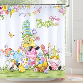 Bonhause Happy Easter Shower Curtain, Cute Bunny Gnome Easter Eggs Spring Bathroom Curtain 72 x 72 Inch Polyester Fabric Waterproof Bath Curtain with 12 Hooks