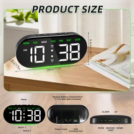 Indrnif Digital Alarm Clock with Large LED Display, Digital Clock with Night Light, Snooze, Date, Temperature and Day of the Week, Adjustable Brightness, 12/24H Double Alarm Clock for Desk, Bedroom
