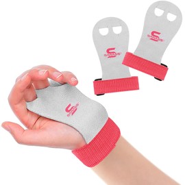 Leather Hand Grips Gymnastics Pull Up Training Palm Protector for Kids Kids Wrist Strap Workout Strong Support Heavy Duty Junior (L, Pink/White)
